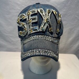 Embellished Denim Cap with Crystal Accents